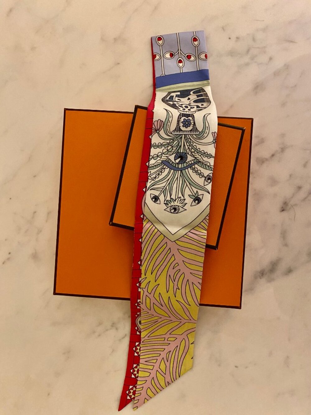 Hermès⎼Blue & Red Owl Silk Twilly Scarf - Picture 3 of 6